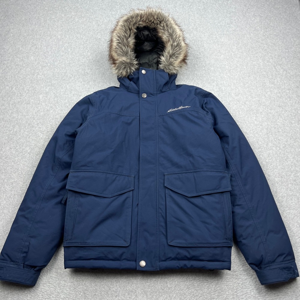 Eddie Bauer Down Parka Mens Small Blue Insulated Faux Fur Hooded Zip Heavyweight